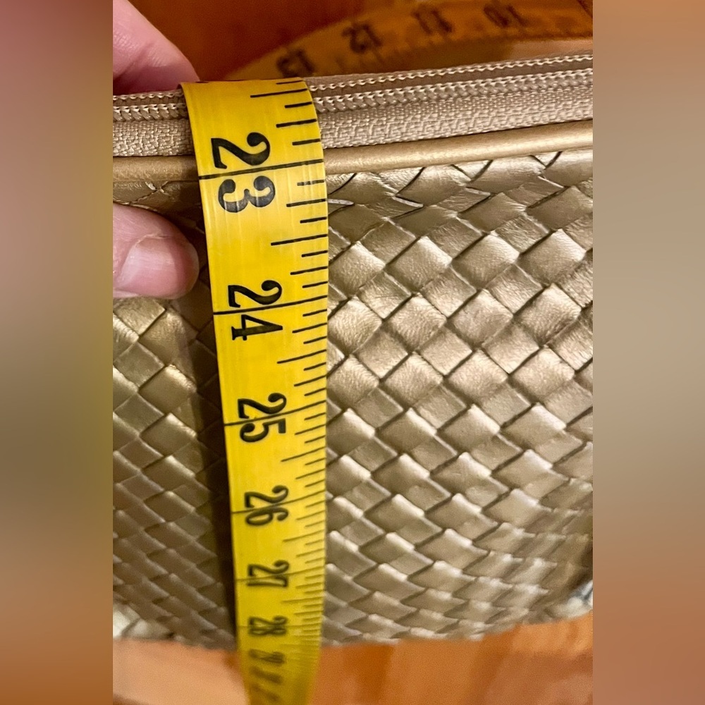 Vintage 80s Gold Metallic Woven Leather Crossbody Bag Boho Tassel Purse Glam - Picture 15 of 17